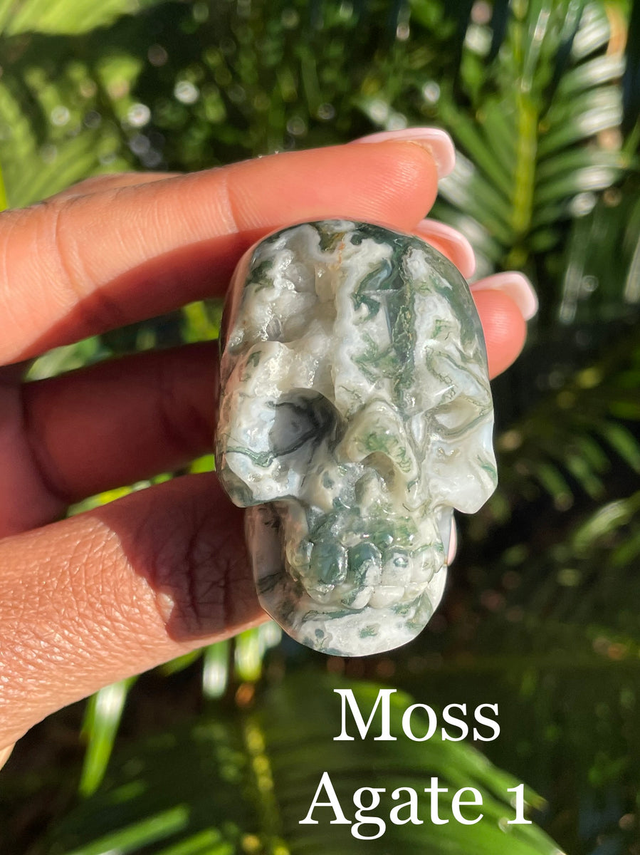 Large Moss Agate Skull with Nature Caves! Hand Carved Moss Agate Skull - Moss selling Agate Crystal Carving