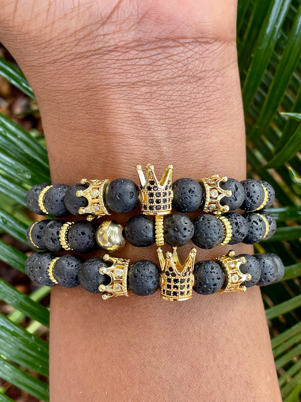 Lava Stone Bracelet with Gold Crown